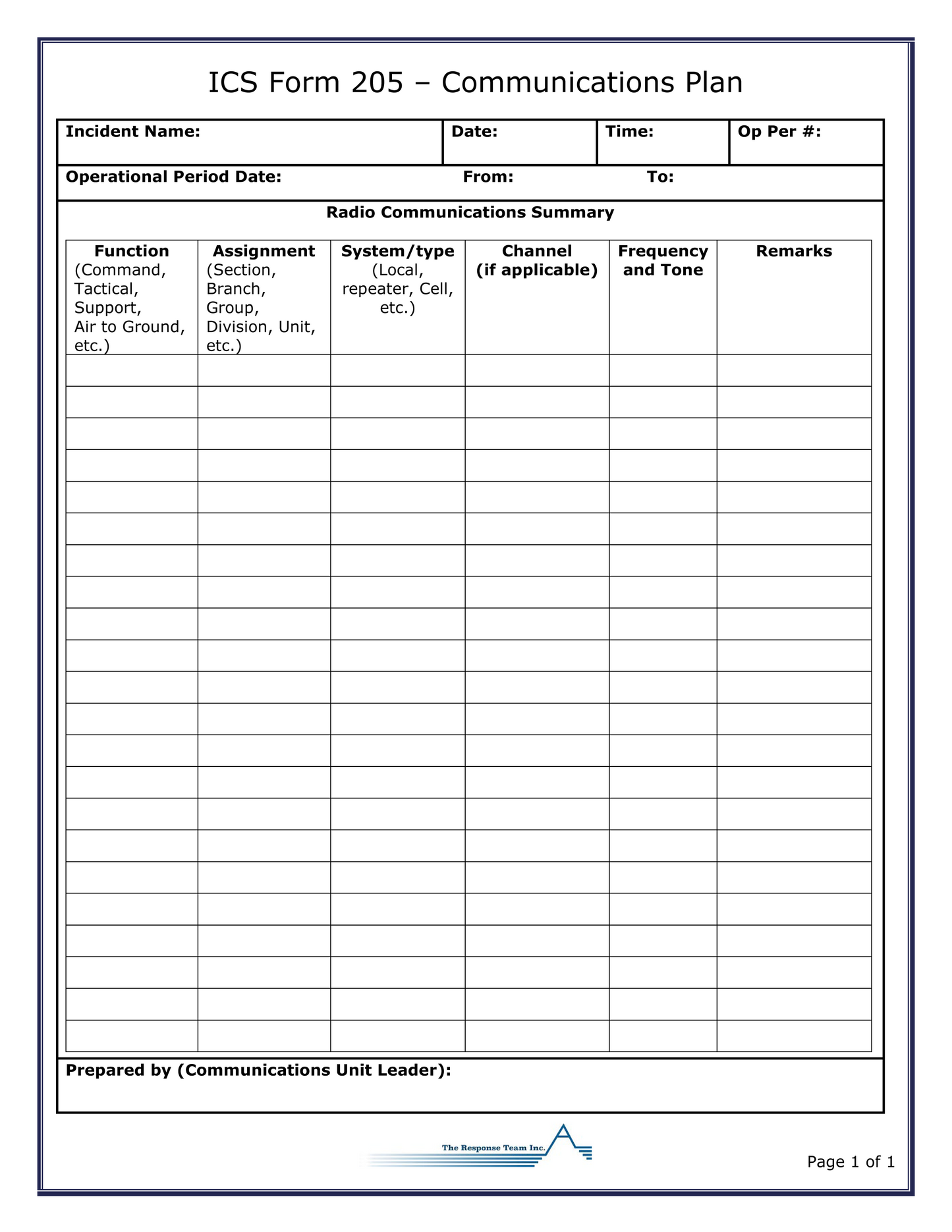 ICS 205 - Communications Plan Form Poster